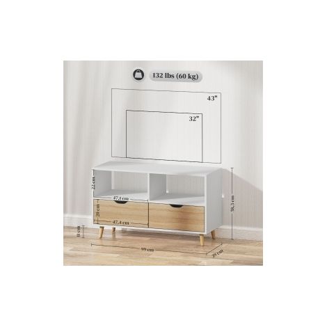 TV-Möbel 99 x 39 x 58,3 cm Weiß, 2 offene Fächer und 2 Schubladen – MEUBLIV (1/5)