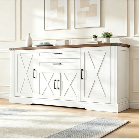 Aparador de almacenamiento 160x39x81,5 cm con 4 puertas y 2 cajones, estantes regulables, tablero resistente blanco y madera (1/5)