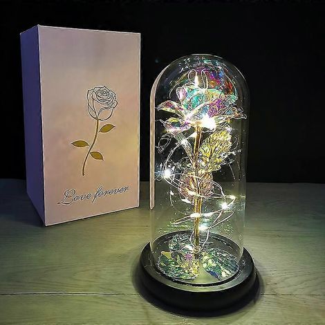 Flor eterna con cubierta de cristal, lámina de oro, rosa con luz LED cálida, regalo de Navidad (1/2)