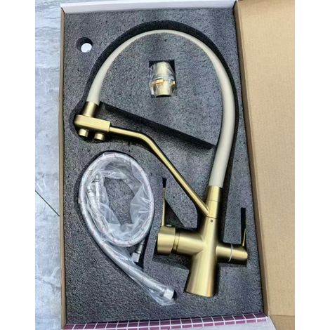 Cross-border copper core 3-in-1 kitchen faucet, hot and cold water, universal rotating faucet for sinks and basins, direct drinking water purifier - zinc-clad copper body, brushed gold goddess style.