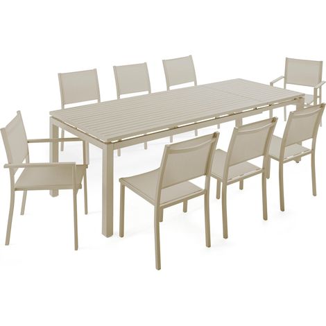 Ensemble table de jardin extensible et 8 assises en aluminium crème