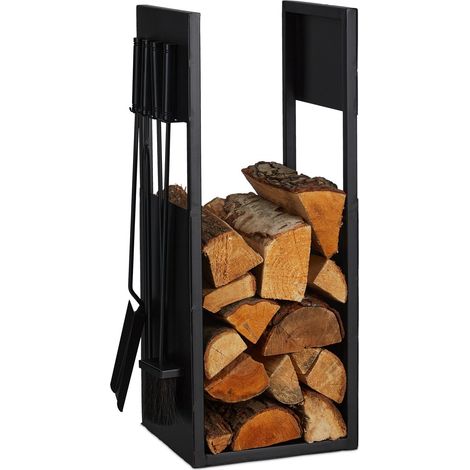 Relaxdays Scaffale Portalegna da Interno in Metallo, Attrezzi da Camino, HLP 76,5x36x30 cm, Porta Legna da Ardere, Nero (1/5)