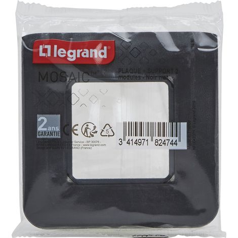 Legrand – Plaque de finition Mosaic 2 modules – Fixation à vis – Plastique noir – Normes CE – Esthétique soignée