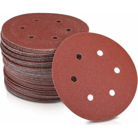 Disques abrasifs en papier Ø 125 mm Grain 240 6 trous en rouge Papier abrasif pour ponceuses plaques de plâtre, ponceuses à col long.Lot de 50 disques,de (1/5)