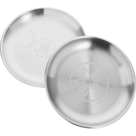 Set of 2 Round Iron Plates with Pentagram - Jewelry Tray for Wicca, Silver Jewelry Storage, Home and Office Decoration (1/5)