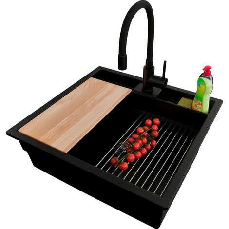 PRIMAGRAN Evier Sous Plan 56x54cm,Evier en Granit 1 bac + Robinet 40x38cm + Kit de Vidage + Accessoires, Évier au meuble 60cm - Bergen Pocket, Noir (1/5)