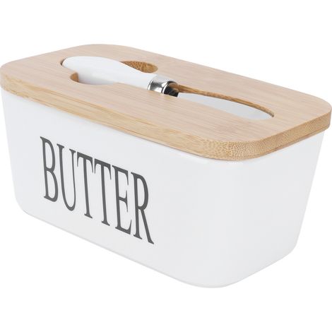 Beurrier avec couvercle en bois, boîte à beurre de cuisine en céramique avec couvercle hermétique, plateau de rangement.