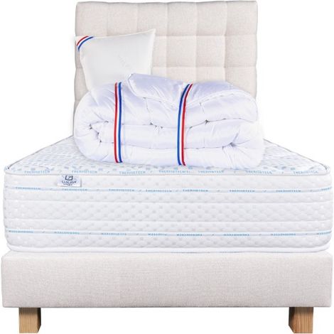 Ensemble Matelas Thermotec (24 cm) ferme, face été/hiver ,Tête de Lit, Sommier (20cm), Couette et Oreiller, 90x190cm (1/5)