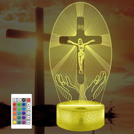 Veilleuse 3D en forme de croix de Jésus illusion chrétienne lampe hologramme optique avec télécommande à jardin terrasse 16 (1/5)