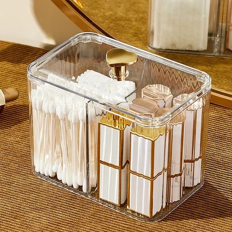 Boîte de rangement cosmétique carrée (transparente), porte-cotons-tiges et vitrine anti-poussière avec couvercle. (1/3)