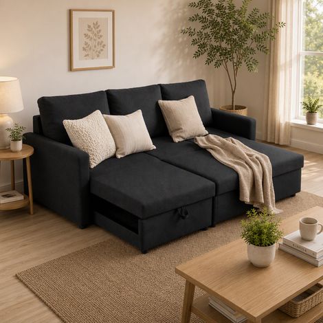 Canapé d'Angle Convertible Lit 3 Places 192 cm, Méridienne Réversible, Gris Anthracite (1/5)