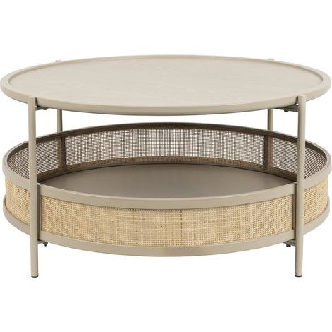 Drawer – Table basse ronde MAKOTO beige – Plateau 80 cm MDF et rotin – 4 pieds métal pour stabilité – Design bohème vintage (1/5)