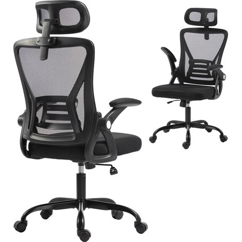 Chaise bureau ergonomique - HOMCOM - accoudoirs relevables, appui-tête, hauteur réglable - maille - 59x62x125cm - noir (1/5)
