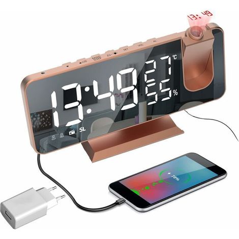 Radiosveglia con proiezione a soffitto, proiettore a 180°, con alimentatore, orologio digitale con schermo a specchio LED da 7 pollici, funzione di ricarica USB, funzione snooze, doppia sveglia, orolo