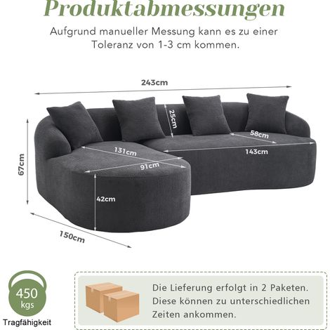 Canapé modulaire courbé gris foncé chaise longue gauche + 2 places forme L housse chenille sans assemblage pour salon (1/5)