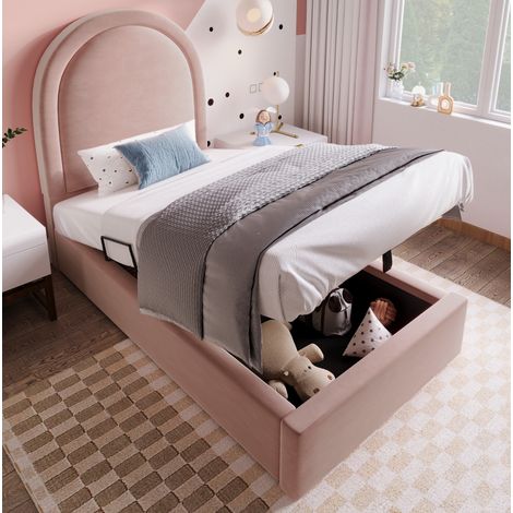 Kinder-Polsterbett 90 x 200 cm Rosa Samt mit abgerundetem Kopfteil (1/5)