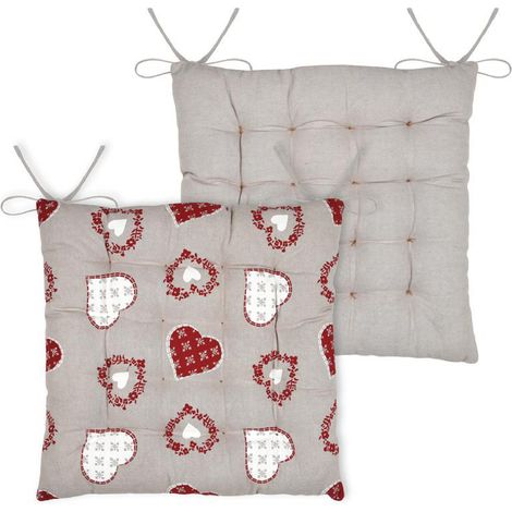 Galette de chaise coeurs esprit chalet en coton Taupe 40x40 cm (1/2)