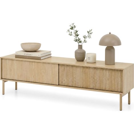 Mobile Porta tv Kamikaza, 2 Ripiani, 2 Ante, Ante Effetto Rigato, 187x40x52h cm Marrone Rovere