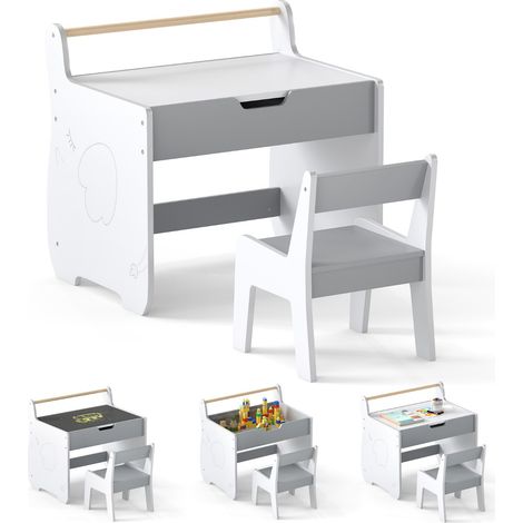Set tavolo e sedia per bambini con piano rimovibile 2-in-1, Set scrivania in legno con spazio di archiviazione Grigio e Bianco (1/4)