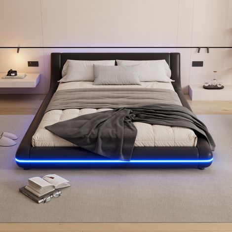 Lit Plateau Moderne 140x200 cm avec Éclairage LED Intégré , Sommier et Tête de Lit en Simili Cuir (PU) Noir, Design Contemporain sans Pieds (1/4)