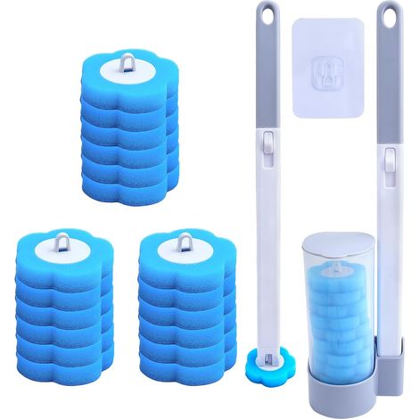 Brosse WC jetable, brosse WC avec support mural avec 18 recharges de nettoyant anti-calcaire pour nettoyage hygiénique de salle de bain (brosse WC + têtes de rechange) (1/5)