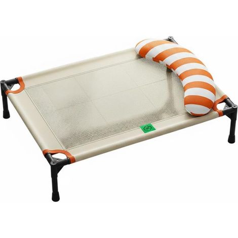 Dog Rest Bed, Outdoor, Scratch-Resistant Oxford Cloth with Breathable Cold Silk Cushion, Easy to Wash, Beige with Orange Striped Pillow, Medium 65 x 45 x 18 cm (1/5)