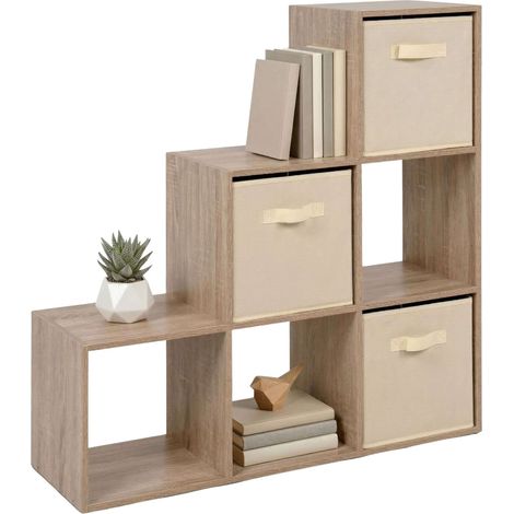 Estantería Librería 6 Cubos Abril, 3 Cajones Tela, Salón, Decoraciones, Roble Sonoma y Beige 89x89x28 cm