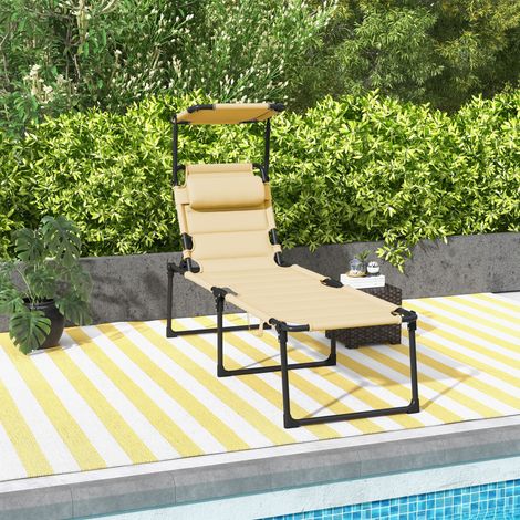 Gartenliege mit verstellbarem Sonnendach, 4-fach verstellbarer Rückenlehne und Kopfstütze für Terrasse und Garten, 70 x 200 x 45 cm, Creme