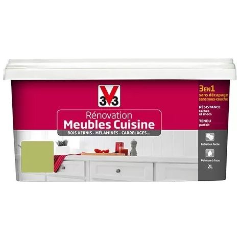 V33 – Peinture acrylique rénovation meubles cuisine – Satin absinthe 2 L – Résistante aux tâches et chocs – Application sans sous-couche (1/2)