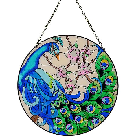 Pendentif Mur Et Fenêtre Paon - Décoration En Verre Coloré À Main - Chaîne Métallique Incluse - Pour Intérieur Jardin - Unité (1/5)