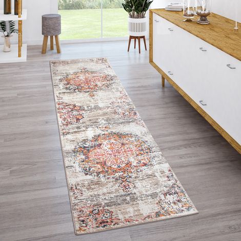 Paco Home Tapis De Salon Poils Ras Vintage Esthétique Orientale Abstrait Beige Gris Orange 60x100 cm (1/5)