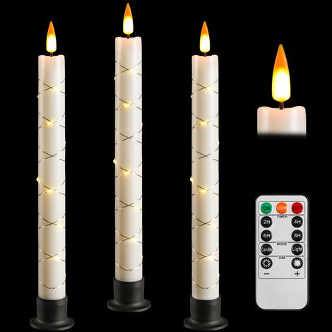 LED-Kerze mit Fernbedienung und Timer, batteriebetriebene Kerze mit Lichterketten, dynamischer 3D-Docht, 3er-Set, Elfenbein, mit 3 schwarzen Sockeln, für Heimdekoration