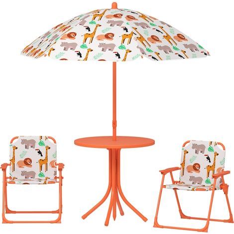 Kindergartenmöbelset mit Tisch, 2 Klappstühlen und 100 cm Sonnenschirm, orangefarbenes Tiermuster