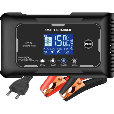 Chargeur de batterie de voiture 15 A/10 A, 6 V/12 V/24 V, convient pour lithium, LiFePO4 et acide au plomb (AGM, Gel, MF, EFB, SLA, VRLA, etc.), motos, tondeuses à gazon, bateaux, etc. (1/5)