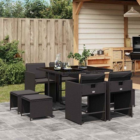 vidaXL 9 Piece Garden Dining Set with Cushions Black Poly Rattan (1/5)