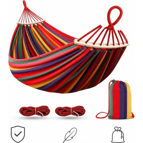 Hamac de Jardin 220 x 150 cm Toile Rouge - Hamac Double avec Barre Bois Amovible et Sangles 4 m (1/5)