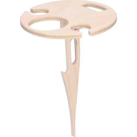Table de plage pliante en bois avec porte-bouteilles et porte-verres, idéale pour les pique-niques et les sorties de bar.