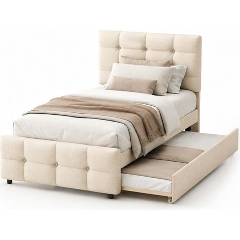 Lit rembourré enfant 90 x 200 cm avec lit gigogne, tête de lit réglable, revêtement tissu beige, style classique pour chambre junior et invités - CHICFURN (1/5)