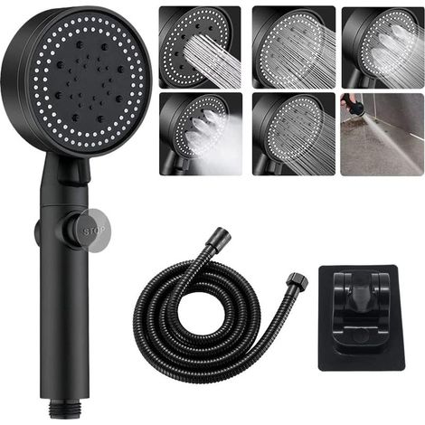 Pommeau de douche à haute pression avec tuyau de 1,5 m et support, douche à effet pluie à 6 modes, pommeaux de douche à cascade avec arrêt d'économie d'eau à 65 % (1/5)