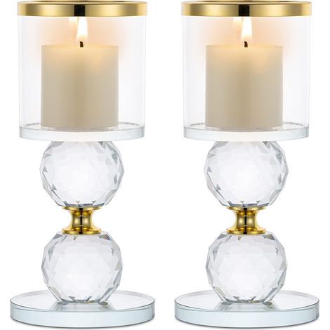 Or Support pour Bougies Piliers en Cristal, 2 Chandelier Bougeoir en Verre Transparent, Moderne Candélabre Photophore pour Table Deco Salon Noel Maison Cadeaux de Mariage