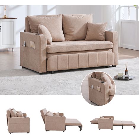 Divano letto matrimoniale 2 in 1 color kaki, tessuto ciniglia, sfoderabile e lavabile, con borsa portaoggetti, porta USB e portabicchieri, 139x73x83cm (1/5)