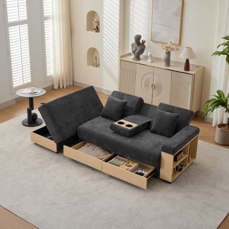 Canapé convertible canapé-lit 217 cm - dossier 3 positions - coffre et 2 tiroirs - porte-gobelets - tissu chenille gris (1/5)