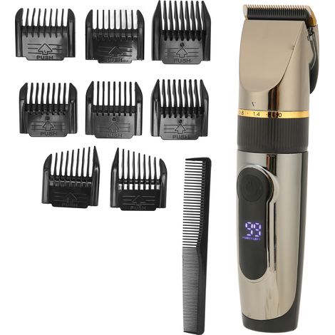 Tondeuse à cheveux USB avec écran LCD étanche, batterie lithium 2200 mAh et 8 peignes de guidage inclus. (1/5)