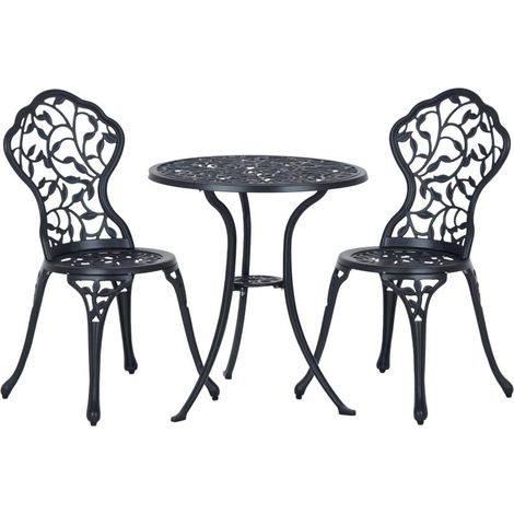 Ensemble bistrot trois pièces en aluminium style vintage. Table et chaises noires, mobilier extérieur pour terrasse et jardin (1/5)