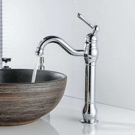 Robinet Lavabo Vintage Pivotant 360° Monocommande Mitigeur Haut Bec Chromé Salle d'Eau Eau Chaude/Froide - Mélangeur Rétro pour Salle de Bains (1/4)