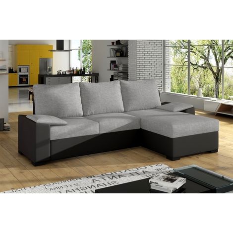 Canapé d'angle convertible - en tissu gris et simili noir, angle droit (vu de face) - LUCAS (1/5)