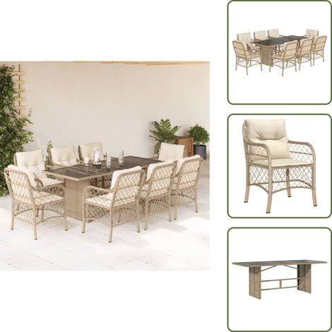 The Living Store 9-tlg. Garten-Essgruppe mit Kissen Beige Poly Rattan - Gartenessgruppe (1/5)