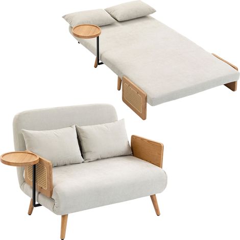 HOMCOM sofá cama 2 plazas convertible, 3 en 1, tapizado chenilla, respaldo ajustable, mesa lateral de madera, 2 almohadas, 131x78x82 cm, blanco crema (1/5)
