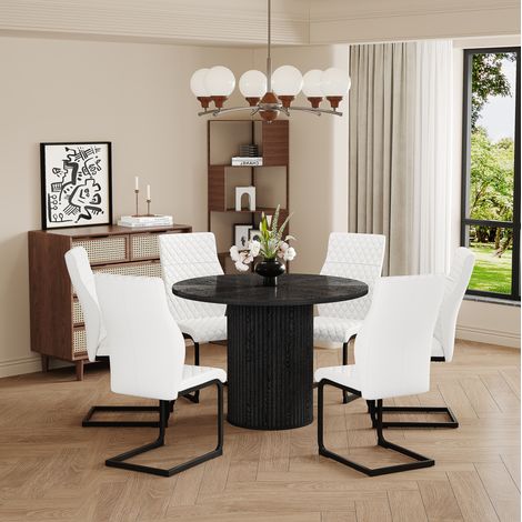 Conjunto de mesa y sillas de comedor en MDF y metal negro y blanco, 6 plazas, estilo moderno (1/5)