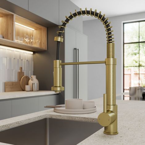 ArtiKitch Brushed Brass Pull Out Kitchen Mixer Tap Single Lever Mono Swivel Spout Modern (1/3)